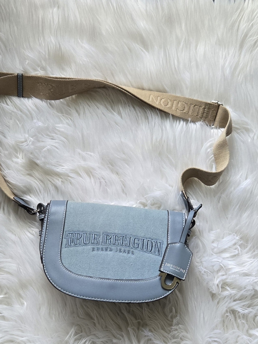 True Religion Pale Blue Crossbody with Branded Beige Strap